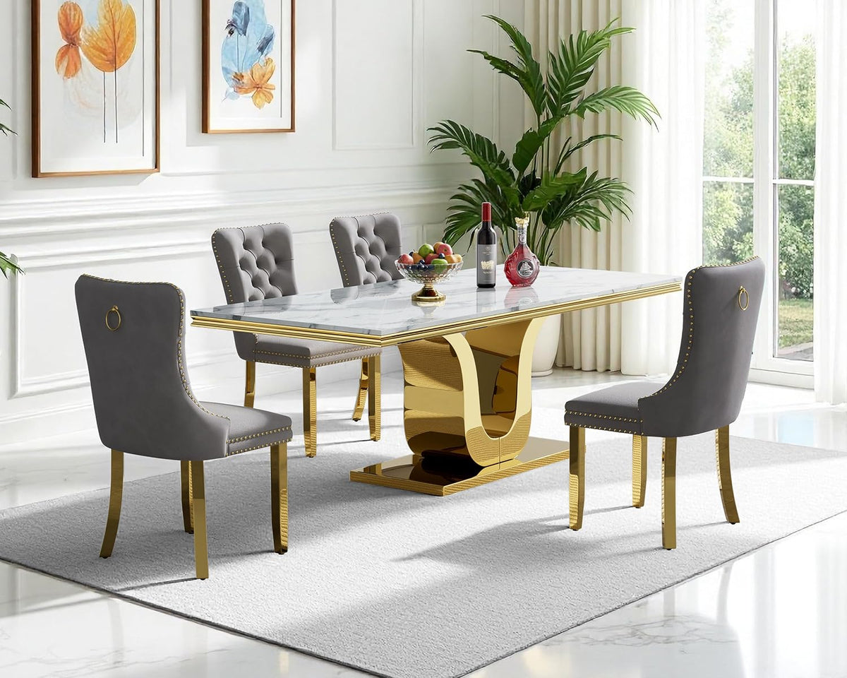 SSLine Modern White Marble Dining Table Set for 4,Luxury 68" Faux Marble Kitchen Table with Velvet Tufted Chairs for 4,5-Piece Dining Room Table Set with Gold Stainless Steel U-Shape Base