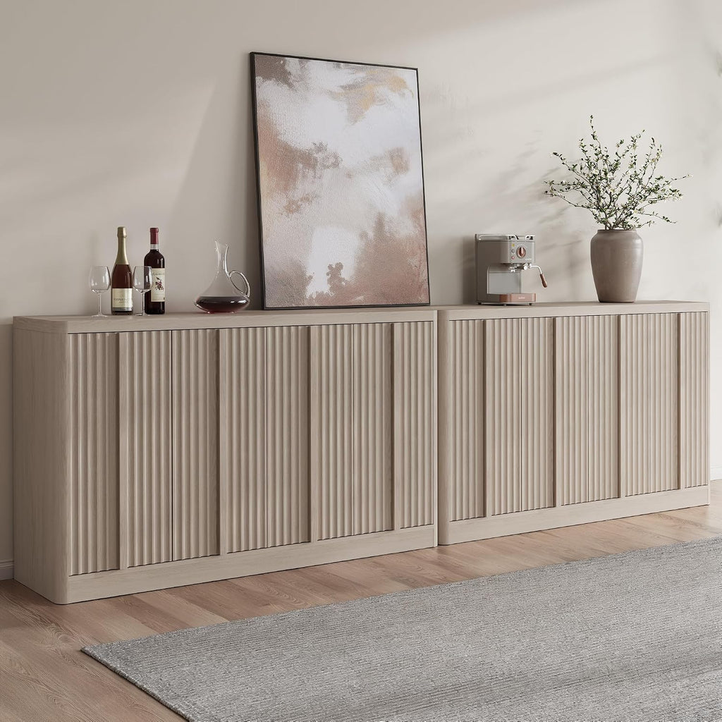 Fluted Buffet Cabinet with Storage, 120" Sideboard Buffet Storage Cabinet with 8 Doors & Solid Wood Handle, Coffee Bar Wood Credenza Cabinet for Kitchen, Living Room, Hallway, White Alder(2PCS)