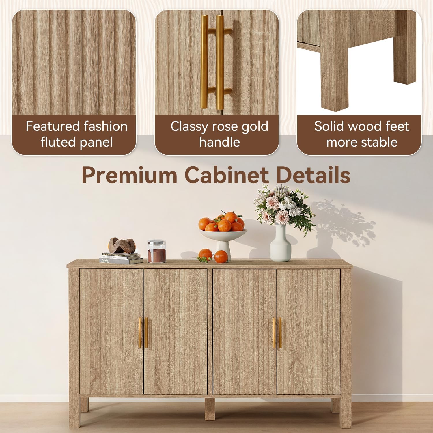 ECOTOUGE Natural 4-Door Fluted Buffet Cabinet with Storage