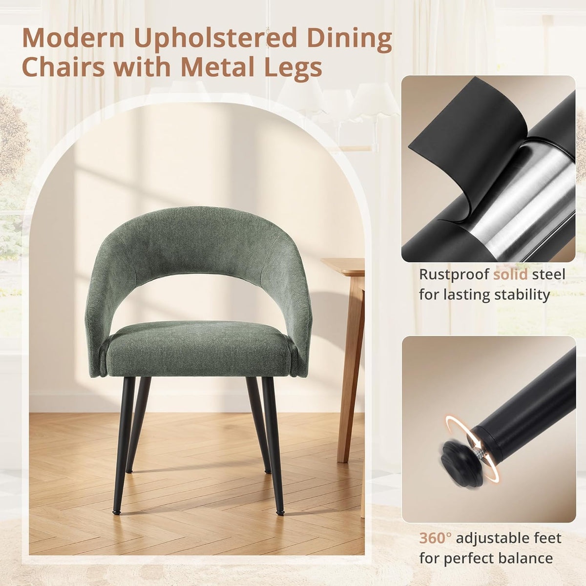 LUE BONA Modern Dining Chairs Set of 4, Upholstered Armrest Side Chairs for Kitchen & Dining Room, 18.5" Seat Height, Comfortable Curved Hollow Backrest, Black Metal Legs, Easy Assembly, Grayish Green