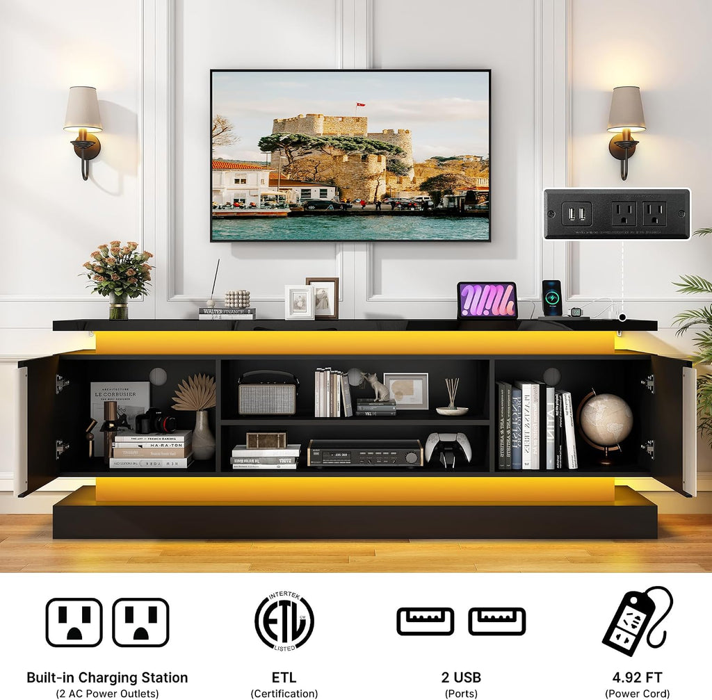 St.Mandyu 71" 2 LED TV Stand for TVs 85 inch,High Gloss Gaming Tall Entertainment Center w/Power Outlet,6000-Colors LED Lights,Modern TV Media Console Table with 2 Cabinets for Living Room,Black