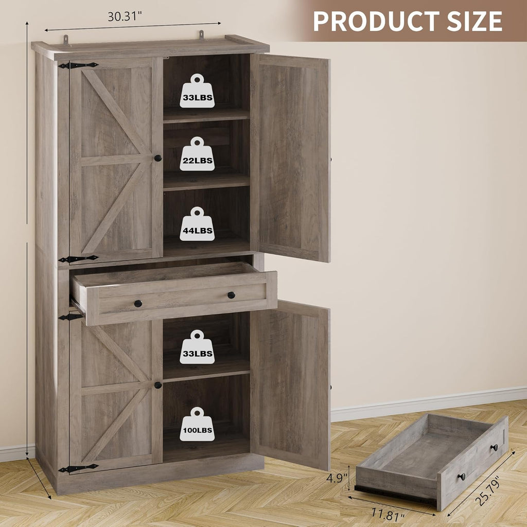 BORNOON Pantry Organizers and Storage Cabinet, 67.7” Barn Door White Kitchen Cabinet with Drawers and Adjustable Shelf, Tall Pantry for Kitchen, Dining Room, Living Room Bedroom