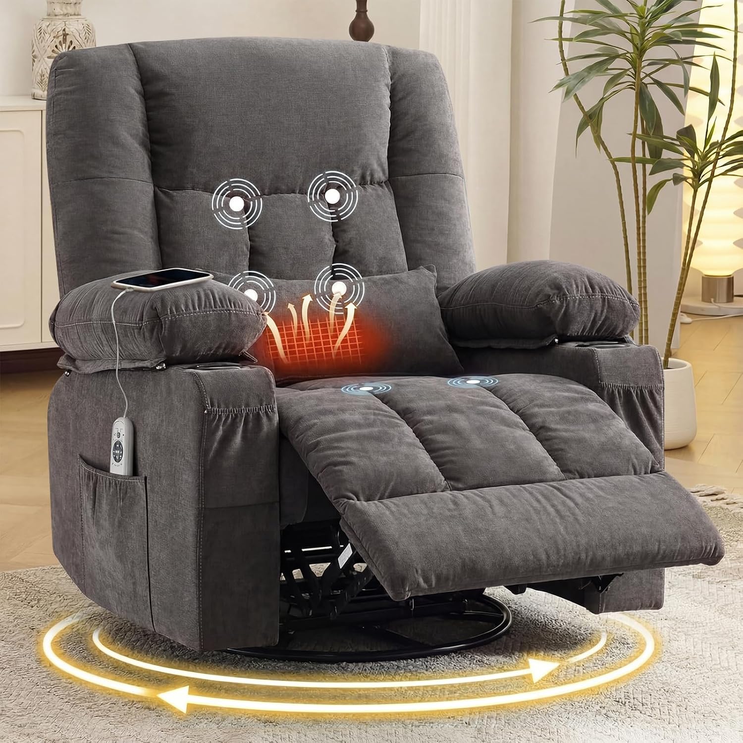 Swivel Rocker Recliner Chair with Vibration Massage and Heat Ergonomic Lounge Chair for Living Room with Rocking Function and Side Pocket, 2 Cup Holders, USB Charge Port