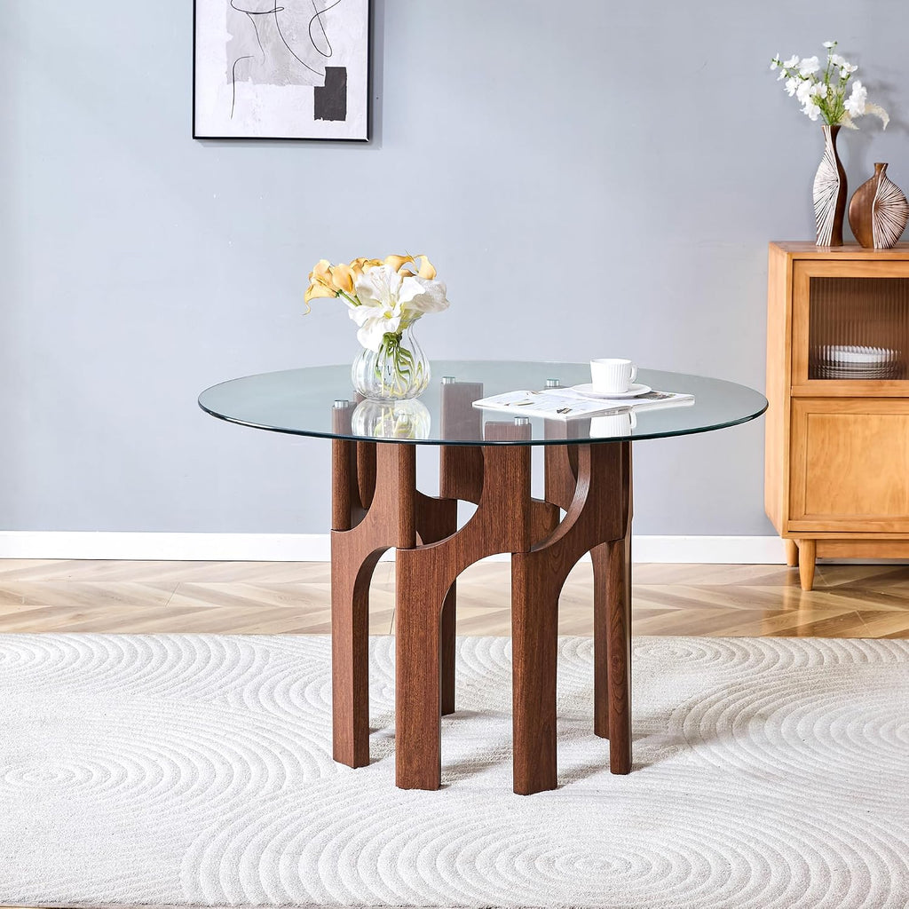 46" Round Tempered Glass Dining Table for 4-6, Mid-Century Modern Glass Dining Room Table with MDF Sculptural Base, Clear Kitchen Dinner Table for Small Space Home Apartment Dining Room,Walnut