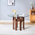 46" Round Tempered Glass Dining Table for 4-6, Mid-Century Modern Glass Dining Room Table with MDF Sculptural Base, Clear Kitchen Dinner Table for Small Space Home Apartment Dining Room,Walnut
