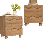 Scalloped Nightstand Set of Two for Bedroom with 2 Drawers, Modern Night Stand Set of 2 with Hidden Handle, Wooden End Table, Fluted Wood Bedside Table for Living Room, Natural Oak