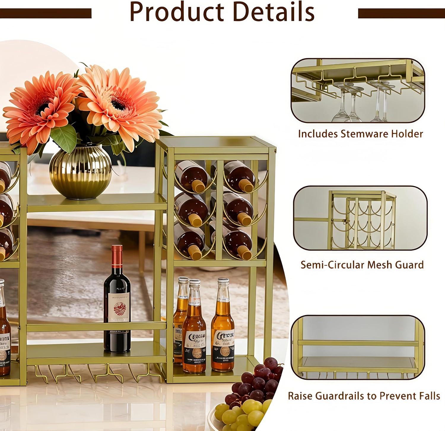 Wall-Mounted Wine Rack Tiered, Bistro Metal Hanging Bar Shelf, Floating Liquor Shelves with Glass Holders for Bars Club Home, Gold