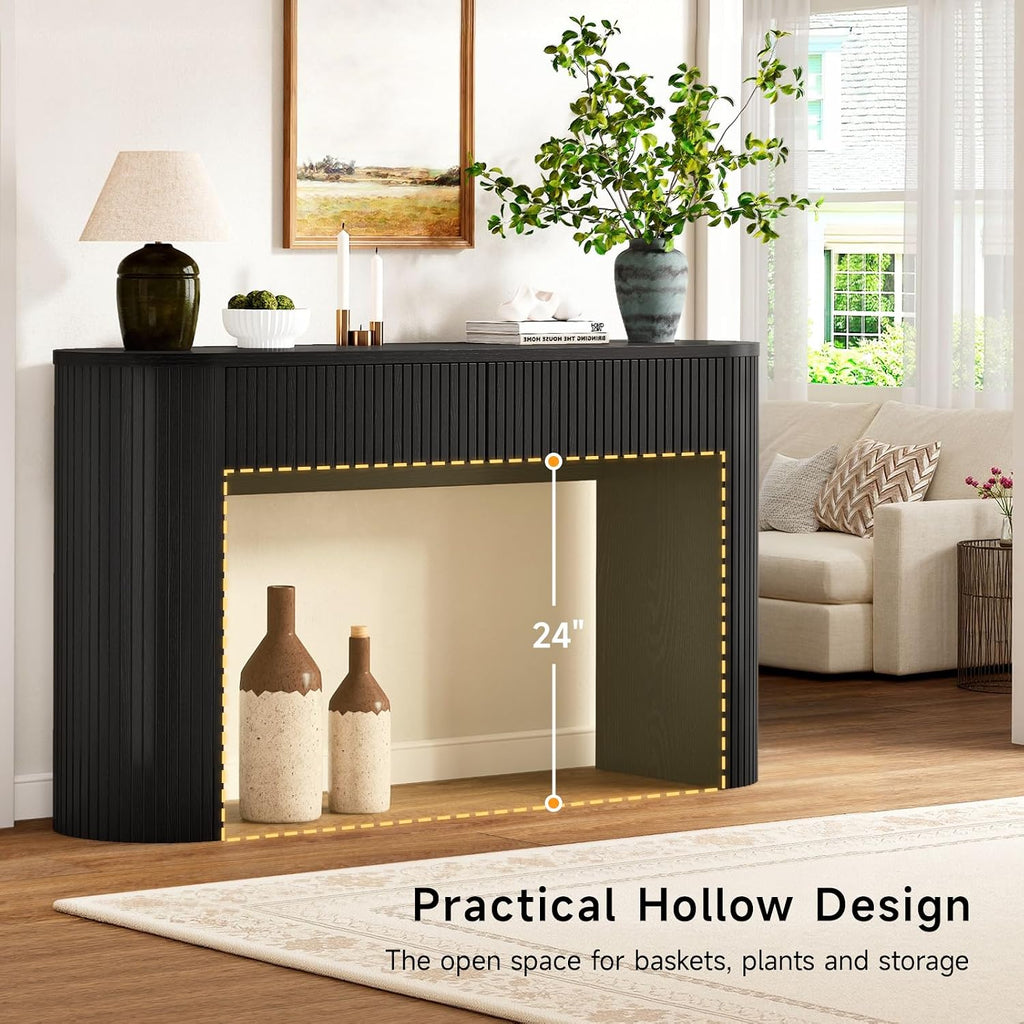 Console Table with Storage Drawers, 55 Inch Fluted Entryway Tables, Mid-Century Sofa Table Behind Couch, Wood Thin Hallway Tables, Modern Foyer Table for Living Room, Hallway, Accent Home Decor Black