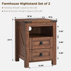 T4TREAM 18" Farmhouse Nightstand Set of 2, Reclaimed Barnwood | Charging Station, Rustic End Table, Open Shelf, 2 Drawers, Living Room, Side Table, Wood Bedside Table, Unique Corner Accent