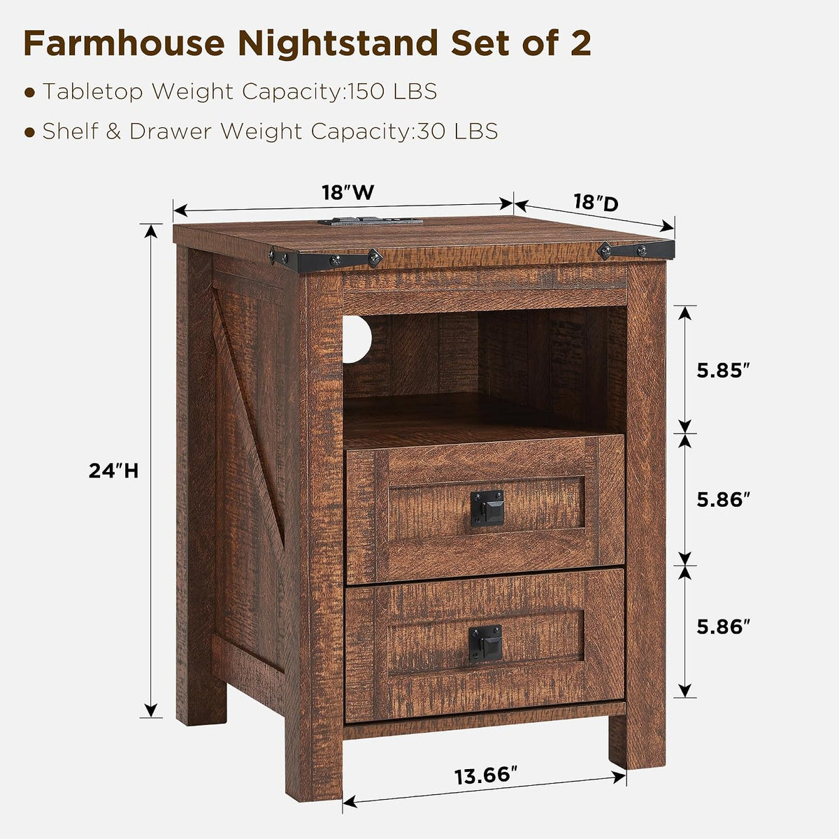 T4TREAM 18" Farmhouse Nightstand Set of 2, Reclaimed Barnwood | Charging Station, Rustic End Table, Open Shelf, 2 Drawers, Living Room, Side Table, Wood Bedside Table, Unique Corner Accent