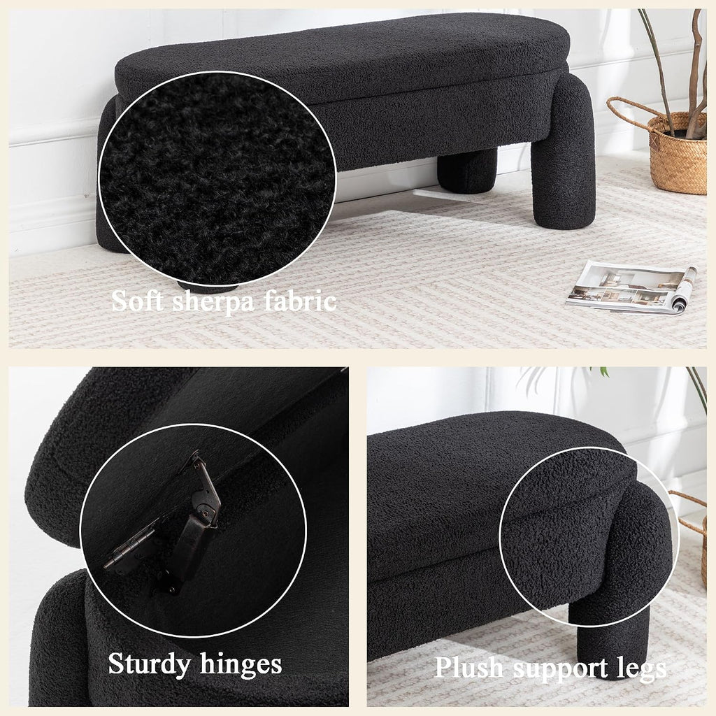 Upholstered Storage Ottoman Bench,45.1" Modern Bench,Large Sherpa Ottoman with Storage and Seating,End of Bed Bench,for Entryway, Hallway, Living Room,Bedroom (Black)