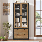 71" Tall Kitchen Pantry Cabinet - Modern Display Storage Cabinet with 2 Large Drawers, Glass Doors, and Adjustable Shelves, Kitchen Cupboard for Dining Room, Bathroom, Living Room, Black + Brown