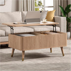 Lift Top Coffee Table with Storage, Mid Century Modern Coffee Table with Solid Wood Legs, 38" Minimalist Fluted Center Table for Living Room, Home Office, Natural Oak