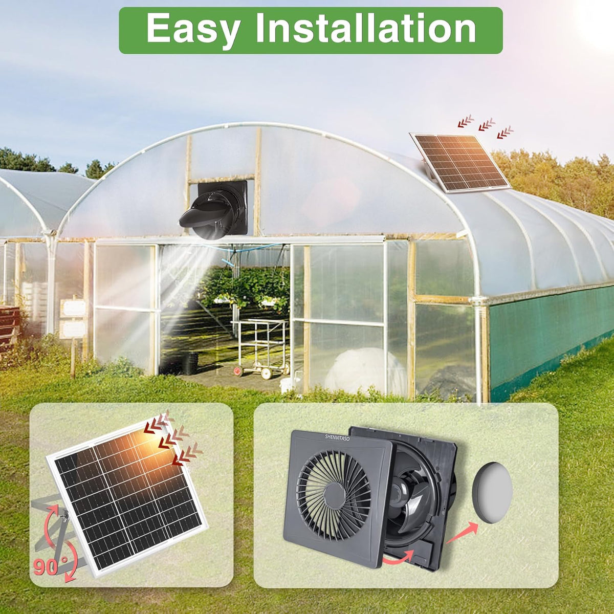 Solar Exhaust Fan, 25W Solar Panel + 8" Ventilation Vent Fan, with Power Adapter, Anti-backflow Valve, High Speed Solar Powered Exhaust Fan with Bracket for Shed, Chicken Coop, Greenhouse, Dog House
