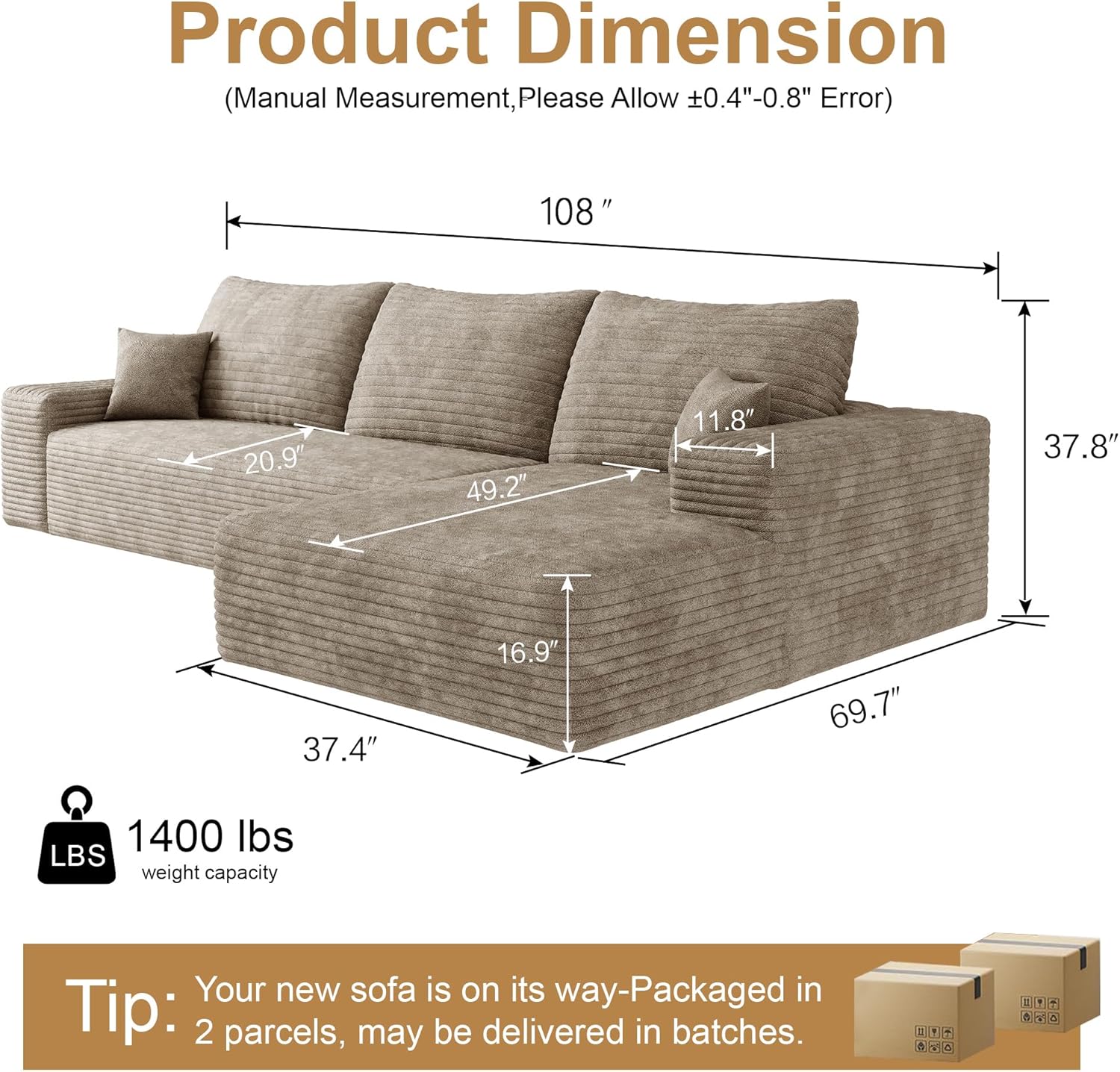 AUGOP 108" Sectional Couches for Living Room Modern Modular Sofa with L-Shape Couchs Upholstered Couch Deep Seat Sectional Couch with Chaise