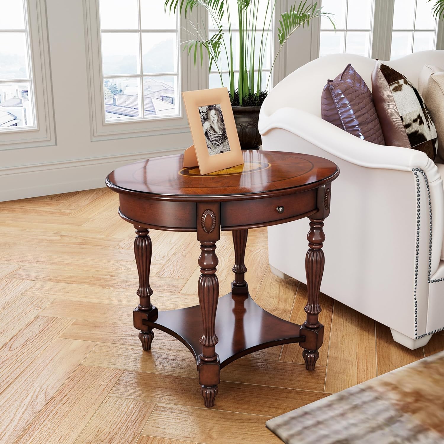 Solid Wood Oval End Table with Drawer, 28"x24" Sofa Side Table with Patterned Top and Vintage Carved Edge, Cherry Walnut Finish for Living Room or Bedroom