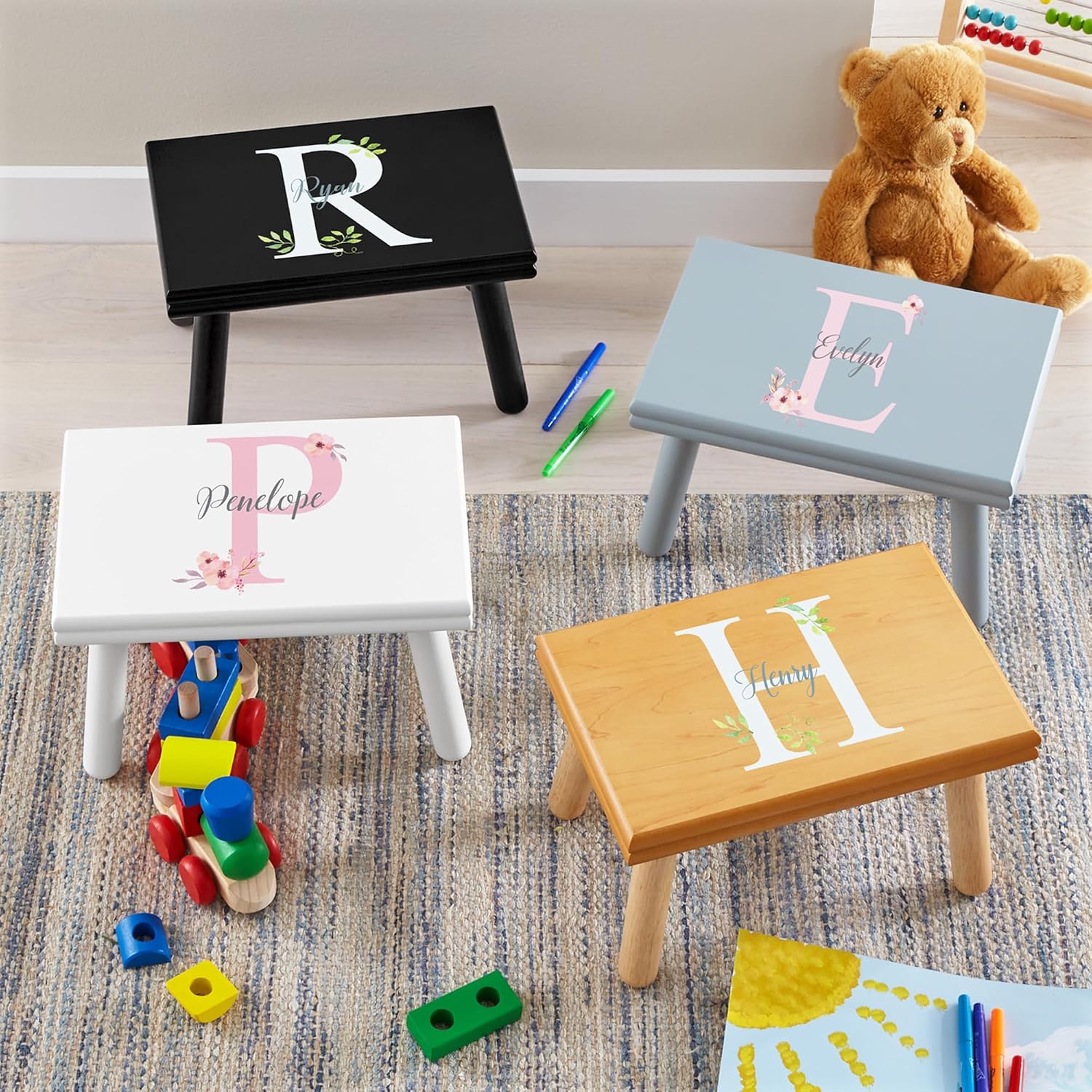 Let's Make Memories Personalized Step Stool- Name and Initial- Wood- Floral Design- White- Ages 3+