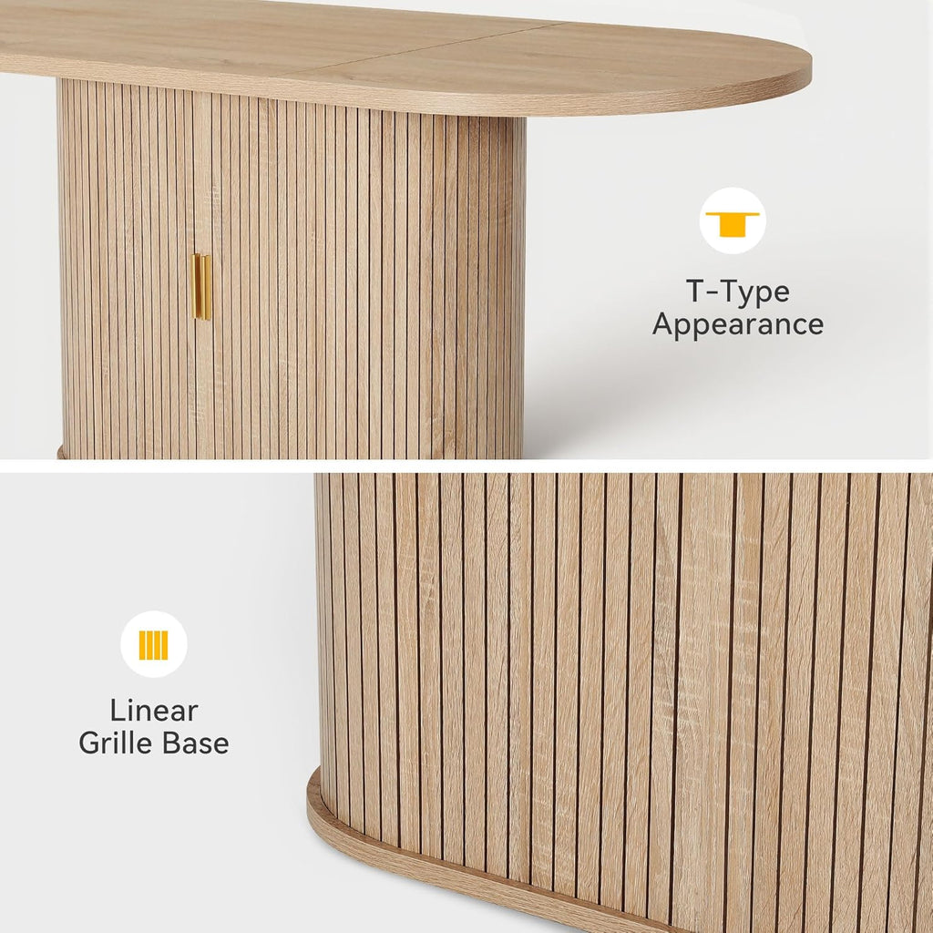 DWVO 70.9" Oval Dining Table for 6-8, Modern T-Shaped Kitchen Table with Storage Shelves & Pedestal Base, Multi-Purpose Dinner & Office Table, Light Oak