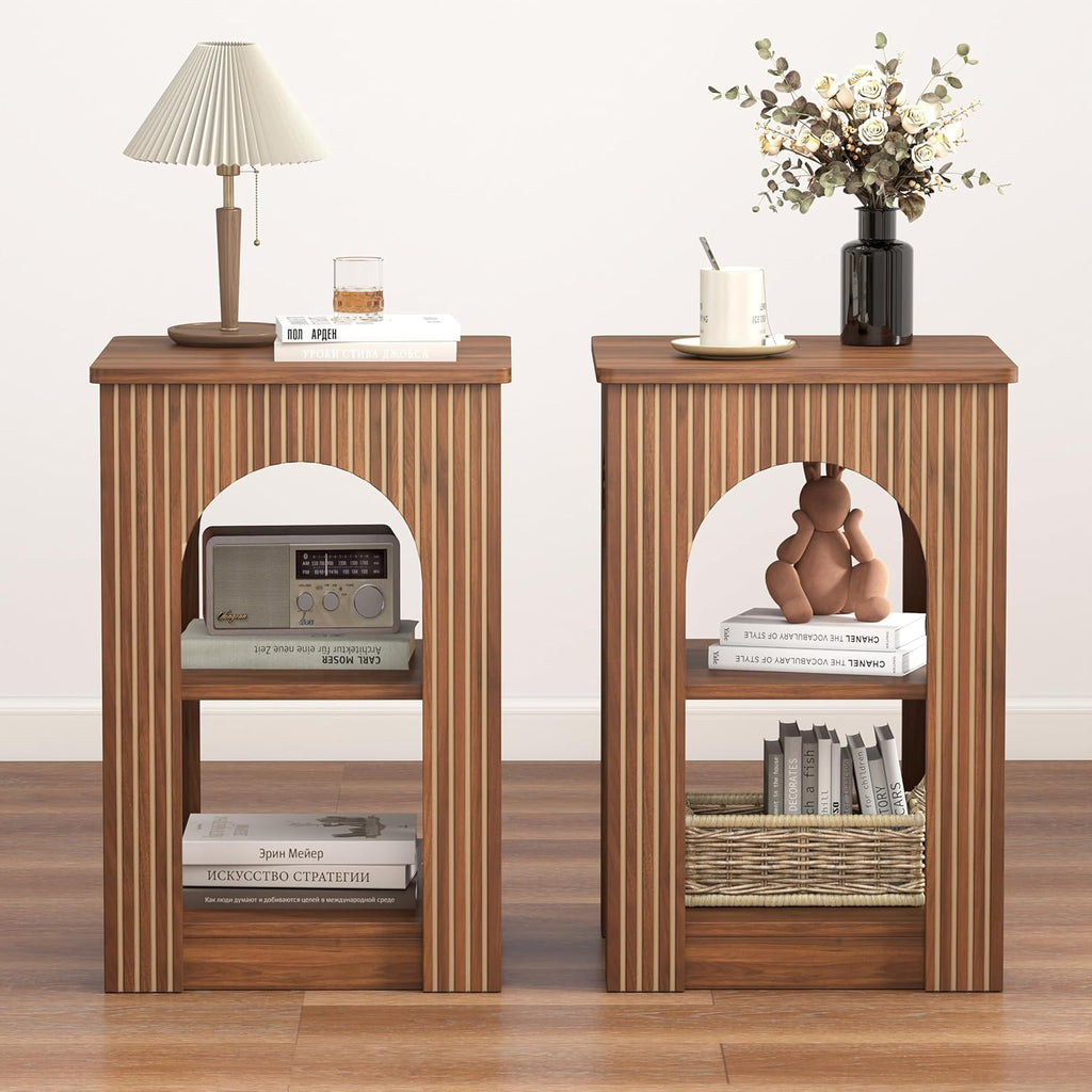 weselon End Table Set of 2, Mid-Century Modern Side Table with 3-Tier Storage Shelves and Arched Carving Lines, Square Fluted Nightstand for Living Room, Bedroom, or Office (2, Walnut)