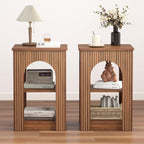 weselon End Table Set of 2, Mid-Century Modern Side Table with 3-Tier Storage Shelves and Arched Carving Lines, Square Fluted Nightstand for Living Room, Bedroom, or Office (2, Walnut)