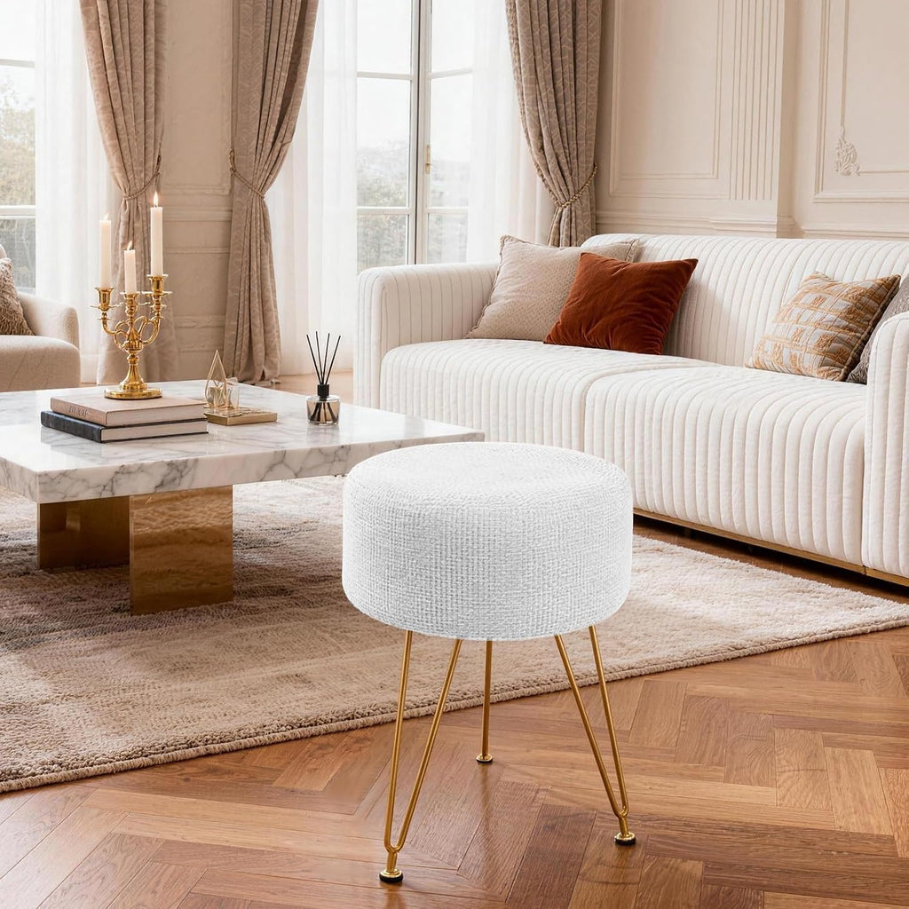 DUMOS Vanity Stool, Velvet Vanity Chair for Makeup Room, Round Ottoman Foot Rest with Gold Metal Legs, Makeup Dressing Table Seat for Bedroom, Living Room, Entryway, Beige