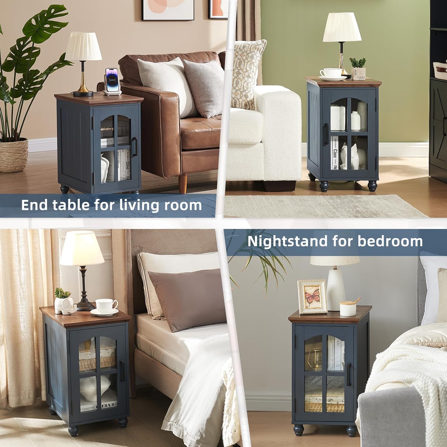 RWYHG Farmhouse End Table Set of 2 with Charging Station, 18'' Narrow Side Table and 24" Large Sofa Side Table with Glass Barn Door Storage, Wood Night Stand Bedside Table for Living Room,Bedroom