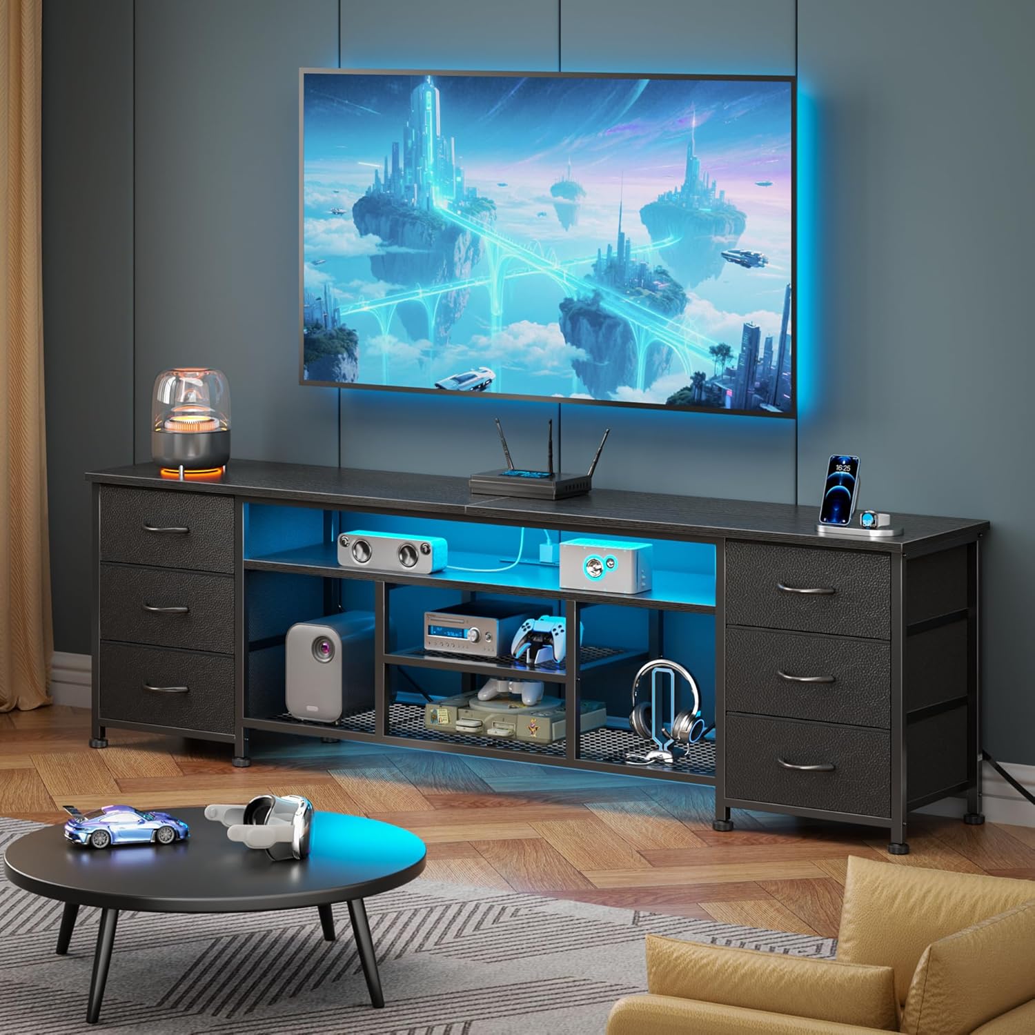 Furologee LED TV Stand for 65, 70 Inch TV, 63 Inch Entertainment Center with Power Outlets, 6 Fabric Drawers Dresser for Bedroom, Media Console with Open Shelves, PU Leather Surface, Black | TV Stand for 65, 70 Inch TV, TV Console with Power Outlets & 6