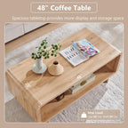 IFGET 48" Modern Coffee Table, 2-Tier Minimalist Center Table with Storage Shelf, Curved Profile Design, Wooden Rectangular Living Room Table w/Wood Thick Design for Living Room, Office, Natural Oak