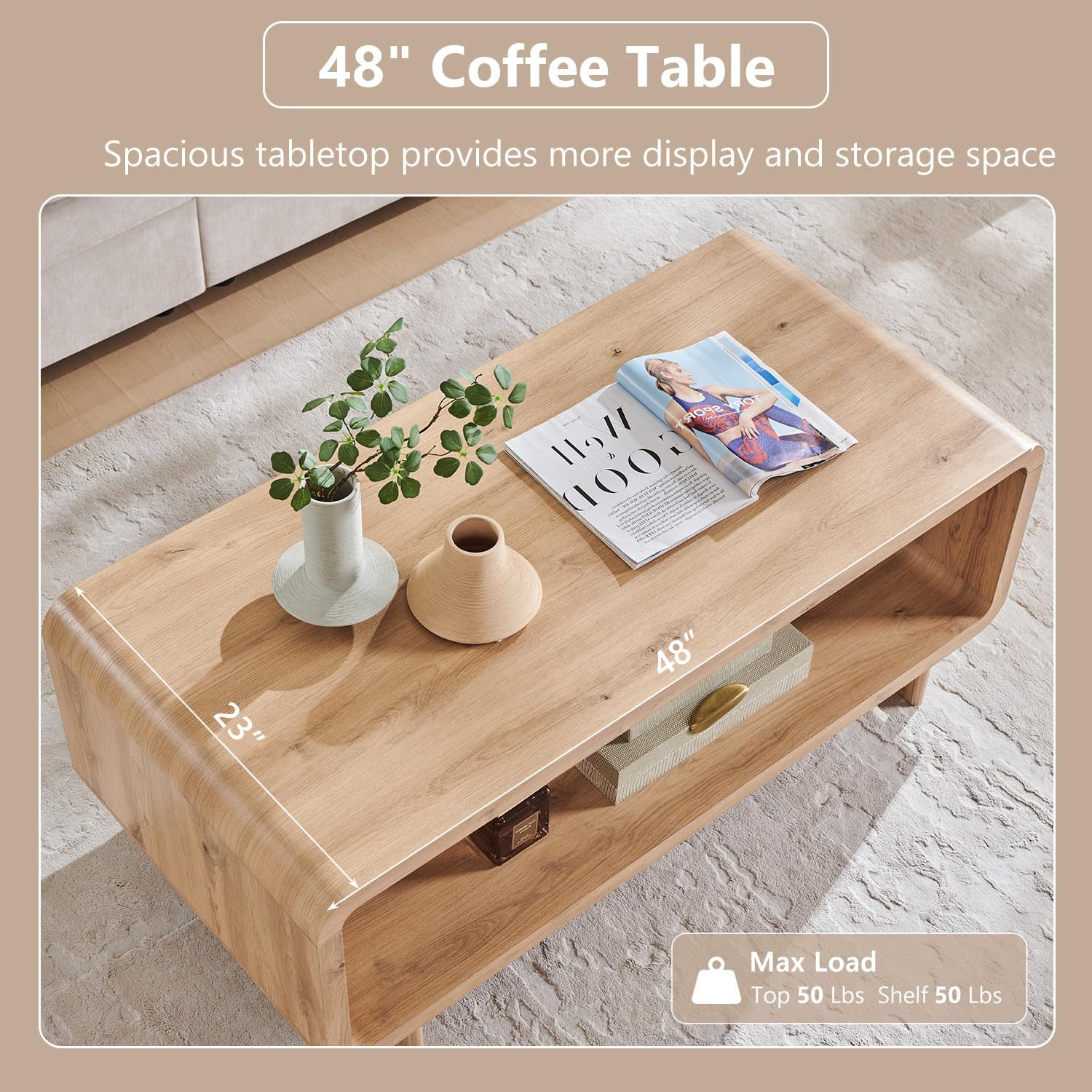 IFGET 48" Modern Coffee Table, 2-Tier Minimalist Center Table with Storage Shelf, Curved Profile Design, Wooden Rectangular Living Room Table w/Wood Thick Design for Living Room, Office, Natural Oak
