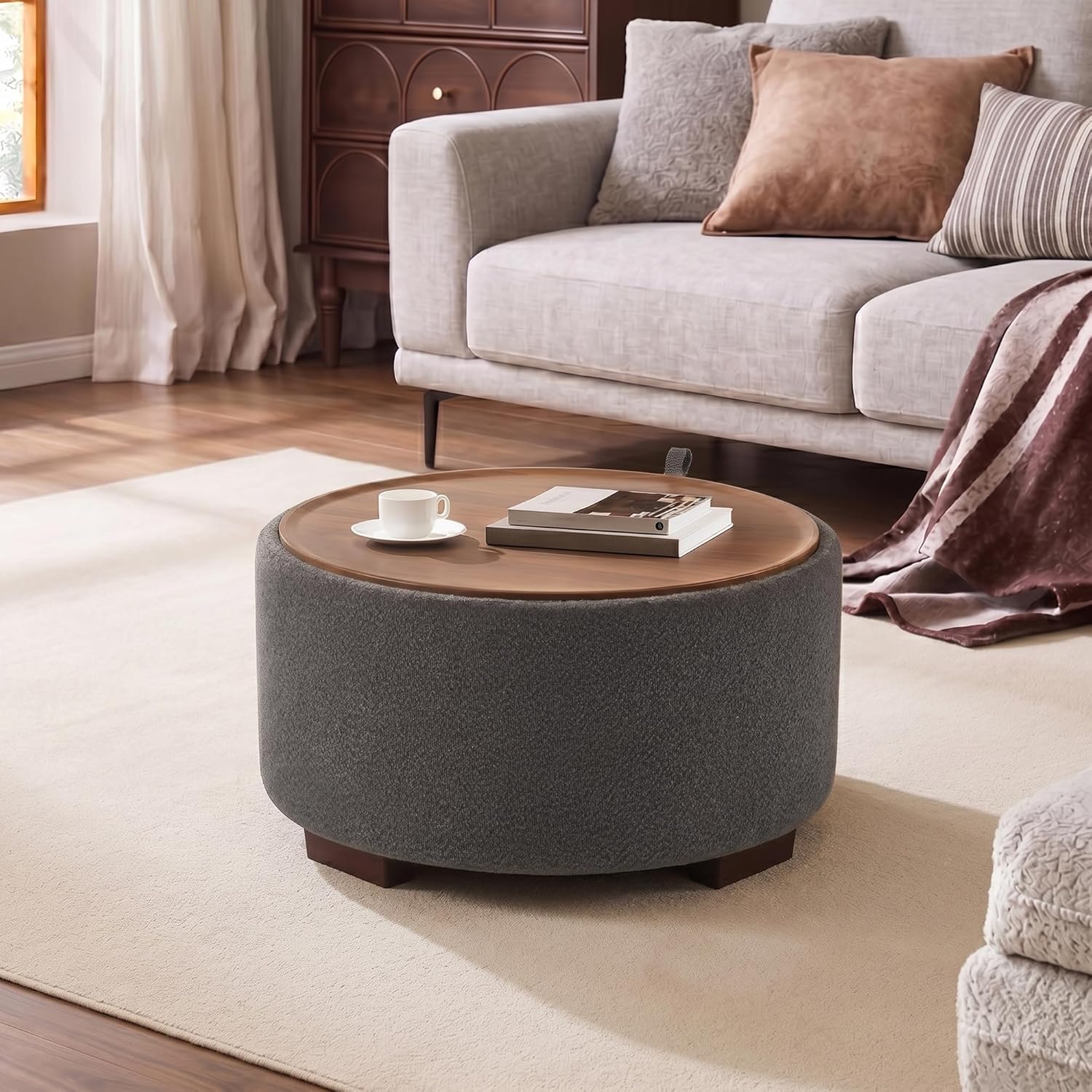 30 Inch Round Storage Ottoman Coffee Table, Modern Boucle Ottoman with Lift Off Lid for Living Room, Bedroom, Corners, Apartments, Gray