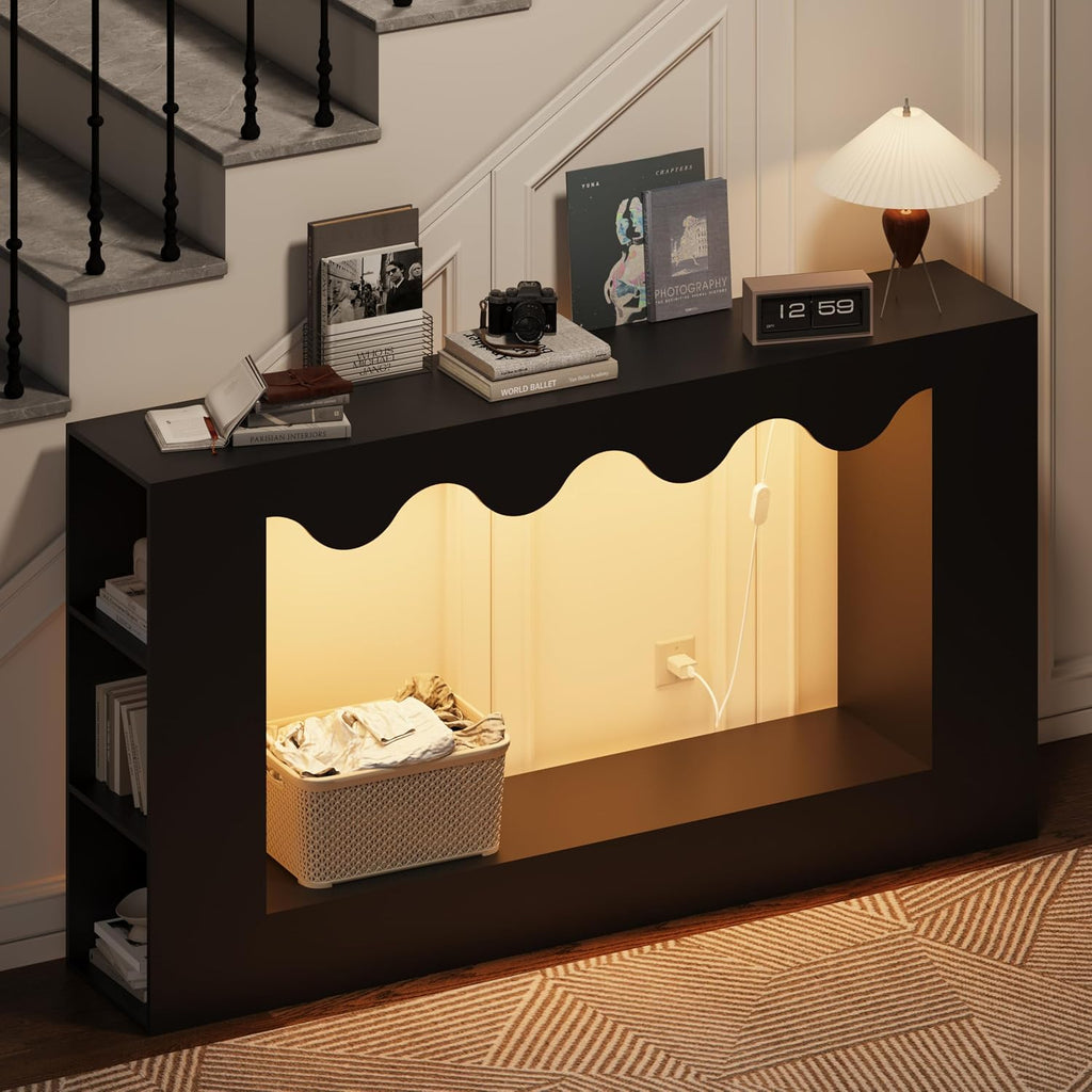 63-Inch Smart Console Table with App & Button Controlled RGB Lights, Wavy Edge Wood Farmhouse Entryway Table, Rectangular Accent Sofa Table Behind Couch for Hallway Foyer Entrance, Black