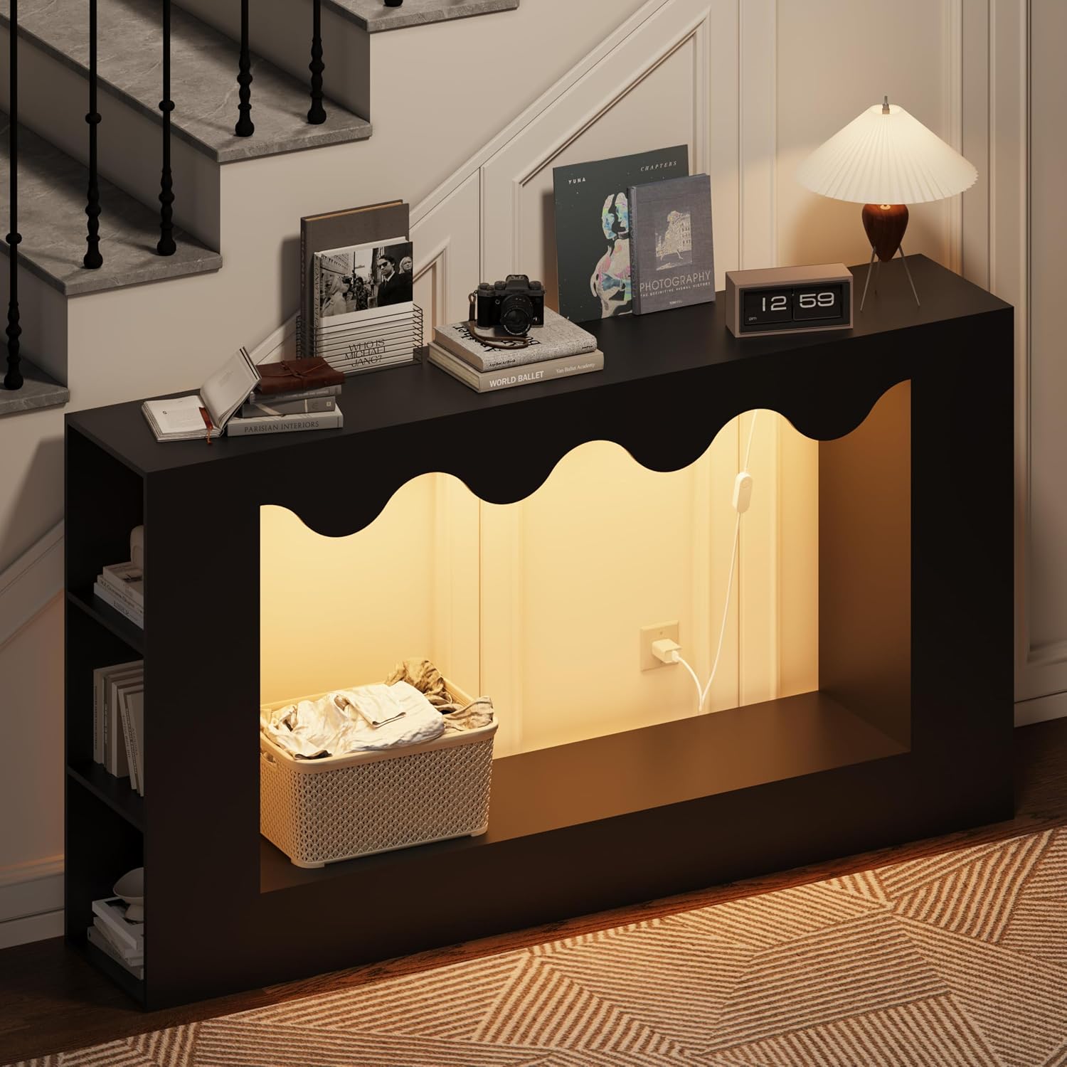 63-Inch Smart Console Table with App & Button Controlled RGB Lights, Wavy Edge Wood Farmhouse Entryway Table, Rectangular Accent Sofa Table Behind Couch for Hallway Foyer Entrance, Black