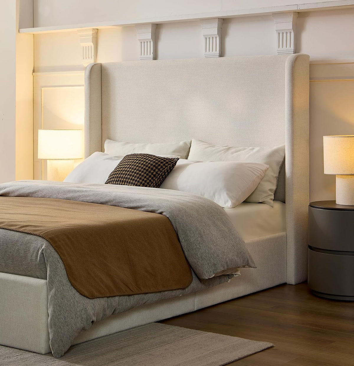 54" Majestic Extra-Tall Wingback Bed Frame Queen - Premium Textured Ivory Canvas Chenille Upholstered Platform Bed, 1000lbs Capacity, No Box Spring Needed (Queen U.S. Standard)
