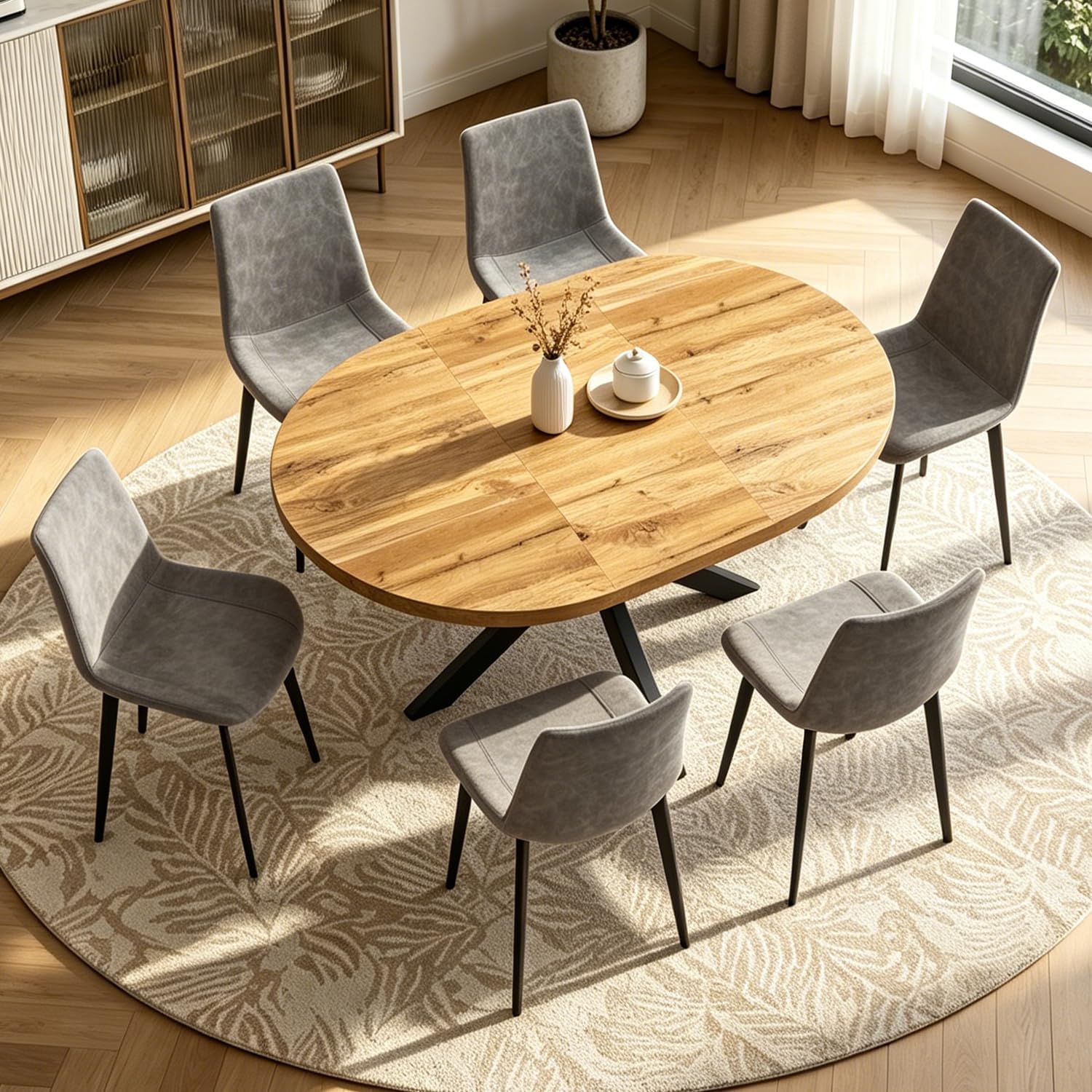 7-Piece Extendable Round Dining Table with Chairs Set for 6, 43"-59" Kitchen Dining Table Set with Heavy Duty Leg for Dining Living Room Apartment(Oak Table + 6 Gray Chairs)