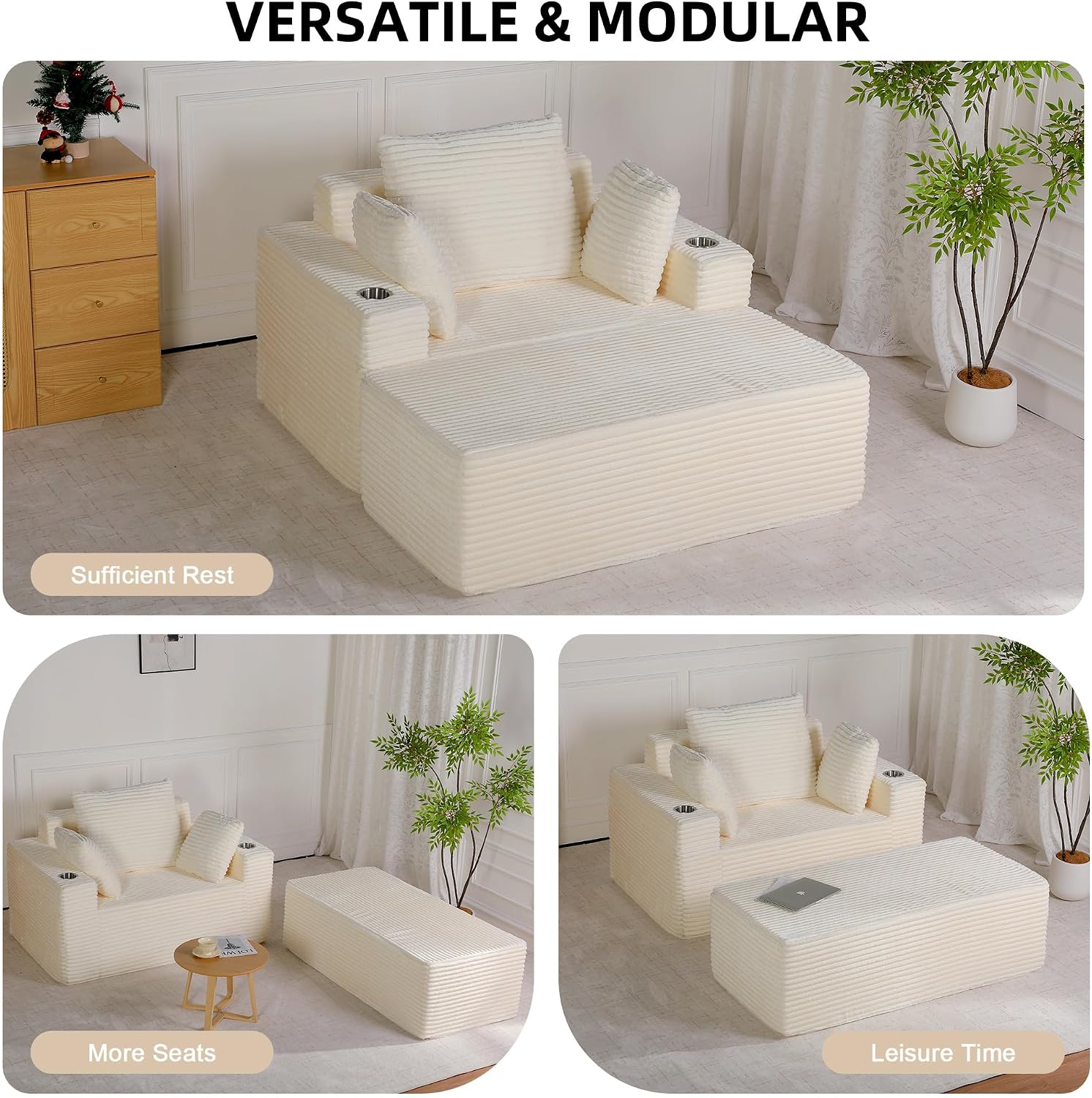 54"W Oversized Chaise Lounge Chair Indoor, Chaise Lounge Couch, Convertible Comfy Reading Chairs, Corduroy Sleeper Chair Couches for Living Room, Compression Sofa with Ottoman, Beige