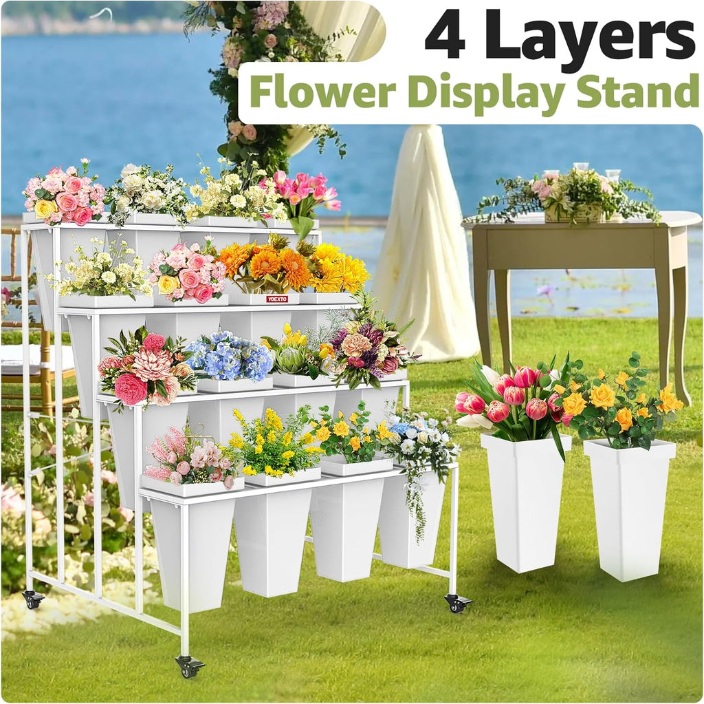 4 Layers Flower Display Stand with Buckets, 16 PCS Buckets Plant Stand with Wheels, Movable Metal Plant Stand for Terrace Garden, Living Room, Florist Shop