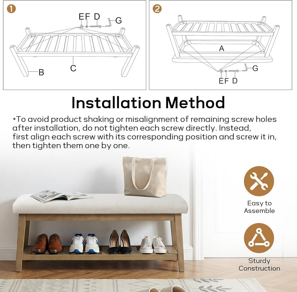 Entryway Bench with Cushion, Upholstered Shoe Rack Bench with Solid Wood Shelf, 44" End of Bed Bench for Bedroom, Chenille Fabric Storage Bench for Entryway, Hallway, Living Room (Beige)