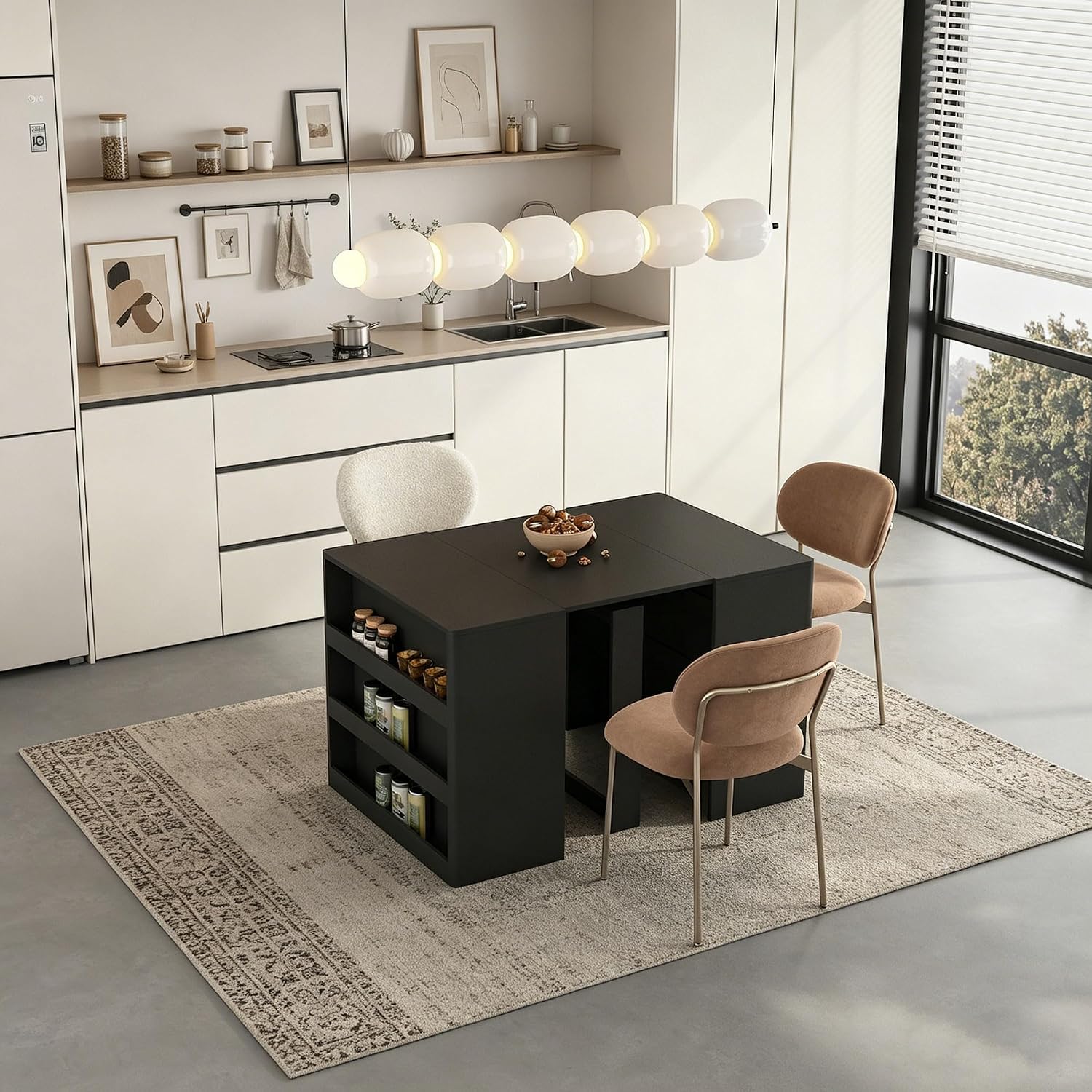 28" - 123" Large Extendable Dining Table, Expandable Table for 2-10 People with Side Storage Shelves, Multi-Functional Wood Kitchen & Conference Desk, Black