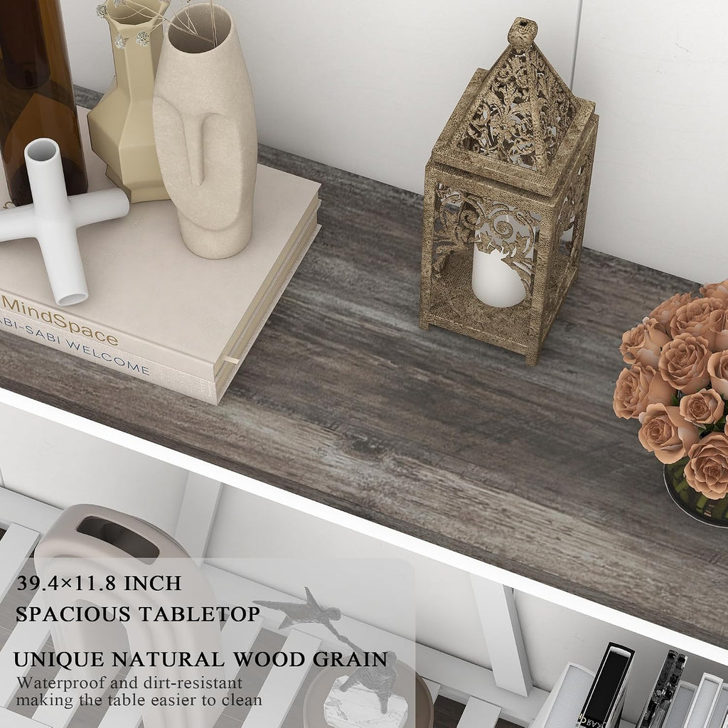 Entryway Table, 39" Farmhouse Console Table with Shelf Narrow Foyer Table | | 2-Tier Open Shelf,V-Shape Anti-Tip Legs,Slim Narrow Design,Sofa Table Use,Two-Tone Finish,30-Min Easy Assembly,Oak Grey