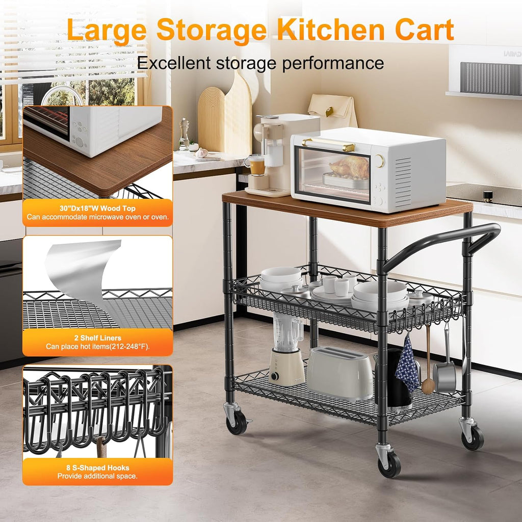 NTE Rolling Kitchen Carts on Wheels, 650Lbs Capacity 3 Tier Utility Cart with Wood Tabletop, Kitchen Storage Cart with 8 Hooks, Metal Serving Cart with Handle and Shelf Liners for Kitchen, Black