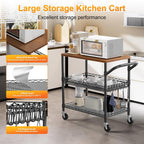 NTE Rolling Kitchen Carts on Wheels, 650Lbs Capacity 3 Tier Utility Cart with Wood Tabletop, Kitchen Storage Cart with 8 Hooks, Metal Serving Cart with Handle and Shelf Liners for Kitchen, Black