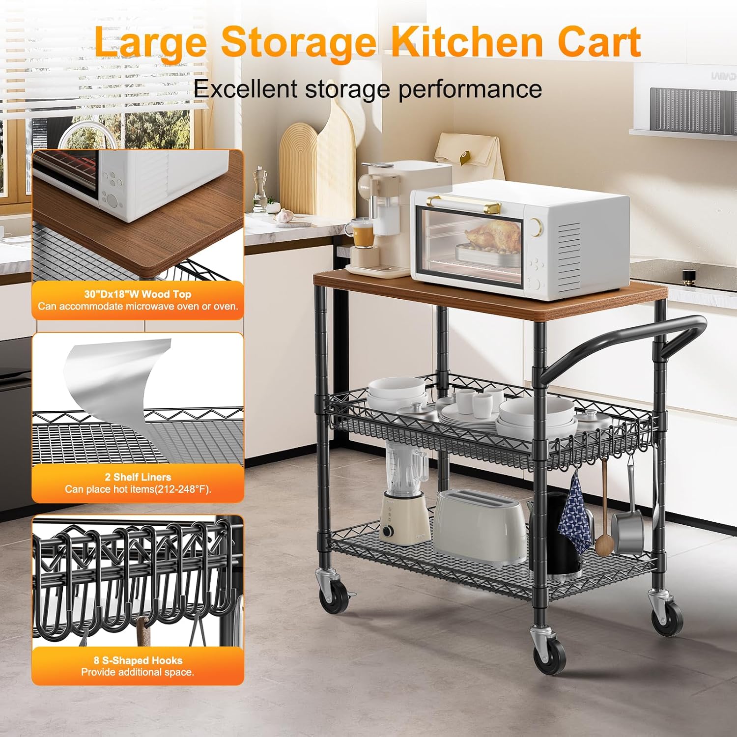 NTE Rolling Kitchen Carts on Wheels, 650Lbs Capacity 3 Tier Utility Cart with Wood Tabletop, Kitchen Storage Cart with 8 Hooks, Metal Serving Cart with Handle and Shelf Liners for Kitchen, Black