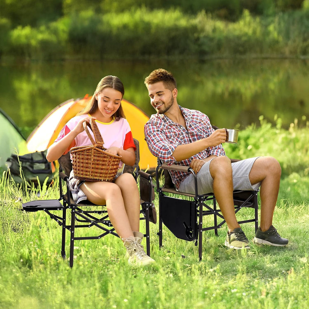 VINGLI Camping Chairs, Directors Chair, Camping Chair with Side Table & Carry Bag，Heavy Duty Camping Chairs for Adults,Portable Folding Camping Chair 2 Pack, for Beach, Fishing,Trip,Picnic,Lawn-Brown