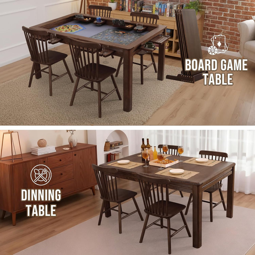 63" Solid Wood Board Game Table for Gaming/Dining, Removable Top | Gaming Table for 4–6 Players with 54" x 30.7" Play Area, Neoprene Play Mat, Leaf Storage Rack, 6 Cup Holders & Trays, Walnut
