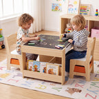 Costzon 4 in 1 Kids Table and Chairs with Building Blocks (Natural) | Wooden Toddler Activity Table Set w/ Detachable Graffiti Tabletop, Blackboard and Storage Drawers for Play, Arts & Crafts