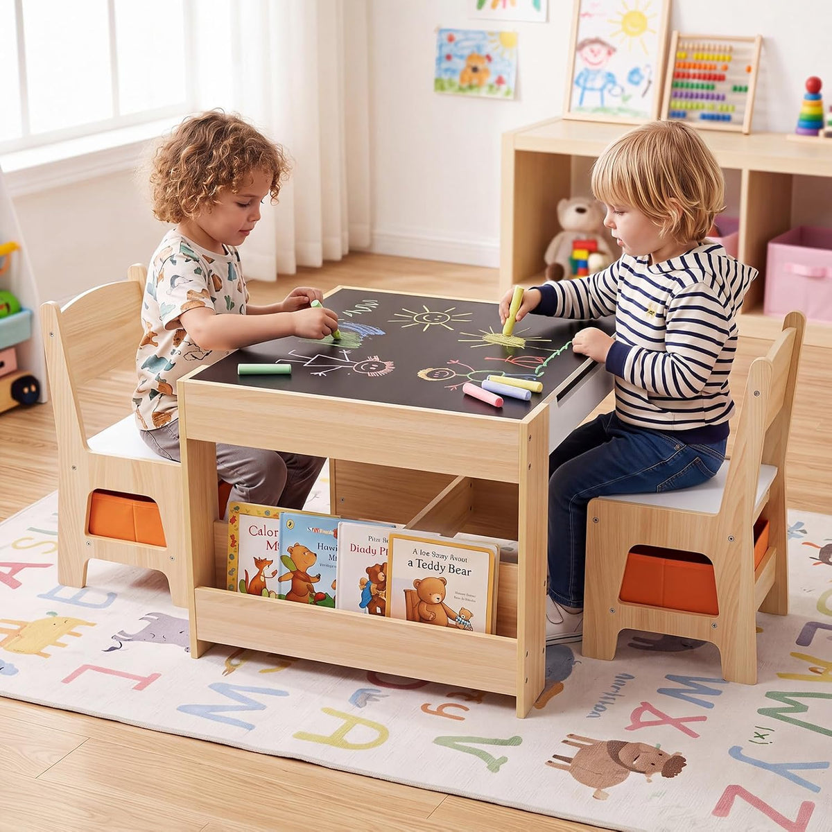 Costzon 4 in 1 Kids Table and Chairs with Building Blocks (Natural) | Wooden Toddler Activity Table Set w/ Detachable Graffiti Tabletop, Blackboard and Storage Drawers for Play, Arts & Crafts