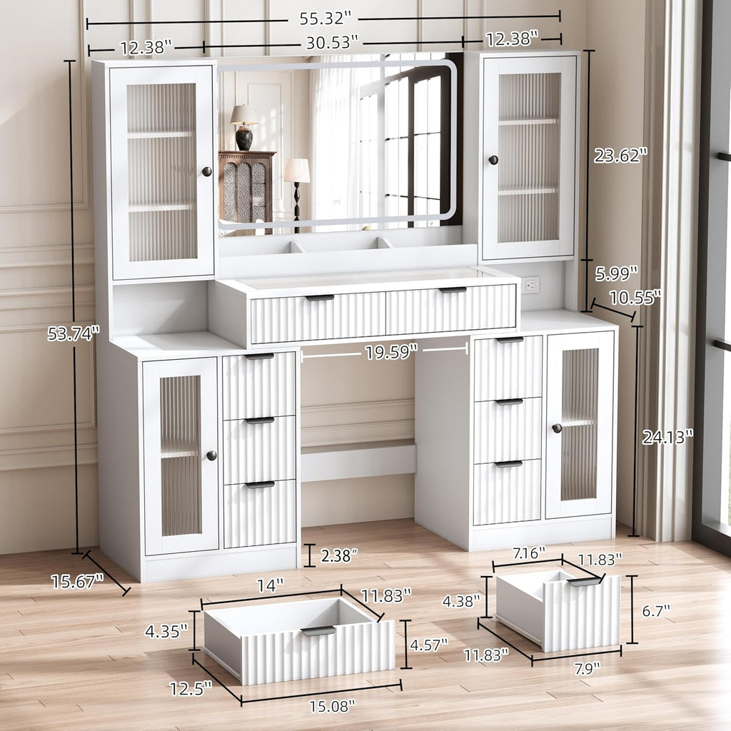 55" Vanity Desk with Mirror & Lights, Fluted Makeup Vanity with 8 Drawers & 4 Cabinets, Tempered Glass Top, RGB Cabinet Lighting, 3-Color Dimmable Mirror, and Charging Station