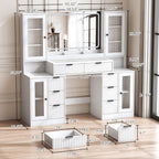 55" Vanity Desk with Mirror & Lights, Fluted Makeup Vanity with 8 Drawers & 4 Cabinets, Tempered Glass Top, RGB Cabinet Lighting, 3-Color Dimmable Mirror, and Charging Station