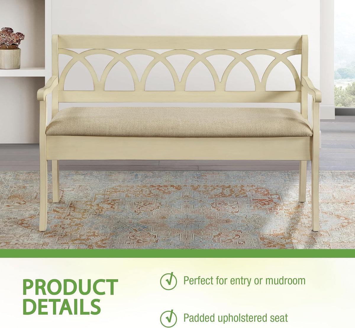 OSP Home Furnishings Coventry Solid Wood and Veneer Storage Bench, Antique White