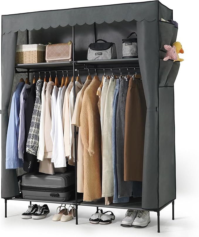 CAPHAUS 55-Inch Clothing Rack with Cover, Portable Closet Wardrobe, Covered Garment Rack for Hanging Clothes, 190LB Capacity Heavy-Duty Metal Frame Clothes Organizer Rack with Storage Shelves